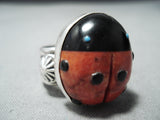 Wonderful Navajo Coral Jet Sterling Silver Ladybug Ring Native American-Nativo Arts