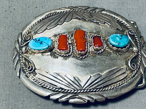 Henry Signed Vintage Native American Navajo Turquoise Coral Sterling Silver Buckle Old-Nativo Arts