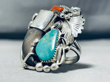 Gigantic Mens Native American Navajo Turquoise Coral Sterling Silver Leaf Ring-Nativo Arts