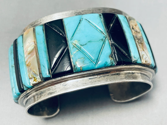 Optimum 116 Gram Vintage Native American Navajo Turquoise Inlay Sterling Silver Bracelet Cuff-Nativo Arts