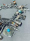 Native American One Of Most Intricate Vintage Navajo Turquoise Charm Sterling Silver Bracelet-Nativo Arts