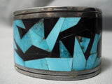 Native American One Of The Best Vintage Turquoise Sterling Silver Inlay Onyx Bracelet Old-Nativo Arts