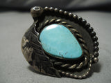 Incredible Vintage Native American Navajo Large Teardrop Turquoise Sterling Silver Ring Old-Nativo Arts