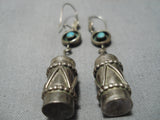 Intricate!! Hand Wrought Sterling Silver Drum Turquoise Native American Navajo Earrings-Nativo Arts