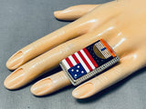 Most Unique Modern Native American Navajo American Flag Hogan Sterling Silver Inlay Ring-Nativo Arts