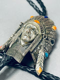 Chief Head Vintage Sterling Silver Turquoise Spiny Oyster Bolo Tie-Nativo Arts
