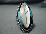 Exquisite Vintage Native American Zuni Turquoise Inlay Flower Sterling Silver Ring Old-Nativo Arts