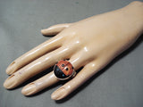 Adorable Native American Navajo Spiny Oyster, Jet Sterling Silver Ring Ladybug-Nativo Arts