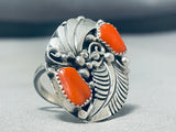 Tommy Nez Native American Navajo Coral Chunk Sterling Silver Leaf Ring-Nativo Arts