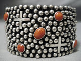 Superior Christian Cross Native American Navajo Domed Coral Sterling Silver Bracelet-Nativo Arts