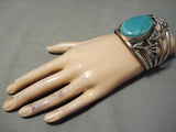 Huge Frog Vintage Native American Navajo Green Turquoise Sterling Silver Bracelet Old-Nativo Arts