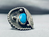 Fabulous Vintage Native American Navajo Kingman Turquoise Sterling Silver Leaf Ring-Nativo Arts