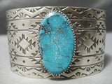 Huge Hand Tooled Native American Navajo Turuqoise Sterling Silver Stamped Bracelet-Nativo Arts