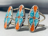 Native American Very Rare Turquoise Coral Inlay Sterling Silver Older Bracelet-Nativo Arts