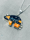 Fantastic Native American Navajo Spiny Oyster Sterling Silver Bear Necklace Signed-Nativo Arts
