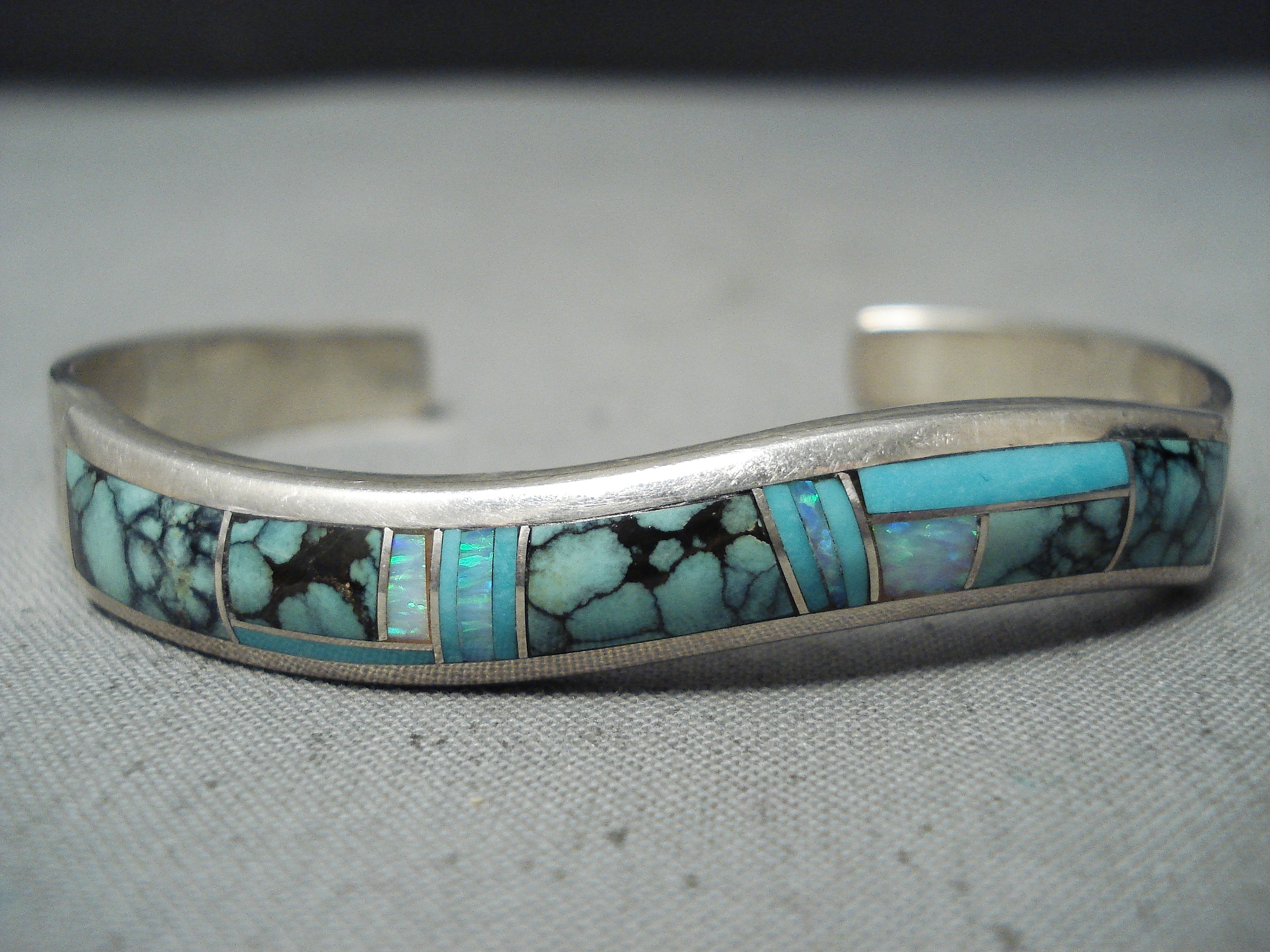 James Lee Navajo Turquoise And Opal Sterling Silver Bracelet