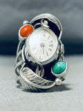 Native American Extremely Rare Watch Turquoise Coral Sterling Silver Ring-Nativo Arts