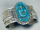 One Of Most Detailed Chief Head Hand Carved Turquoise Sterling Silver Bracelet-Nativo Arts