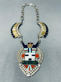 Native American One Of The Most Unique Kachina Inlay Coral Sterling Silver Necklace-Nativo Arts