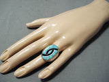 Dazzling Vintage Native American Zuni Blue Gem Turquoise Inlay Sterling Silver Ring-Nativo Arts