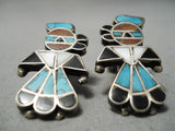 Wonderful Vintage Native American Zuni Native Detailed Turquoise Coral Sterling Silver Earrings-Nativo Arts