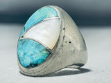 Heavy Vintage Native American Navajo Pilot Mountain Turquoise & Mop Sterling Silver Ring-Nativo Arts