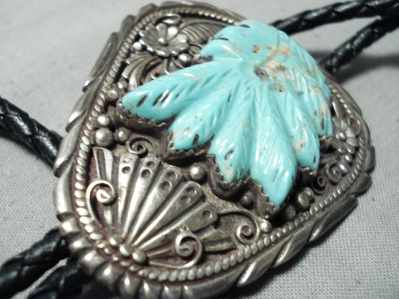 Chief Head Vintage Native American Navajo Turquoise Sterling Silver Leaf Bolo Tie Old-Nativo Arts