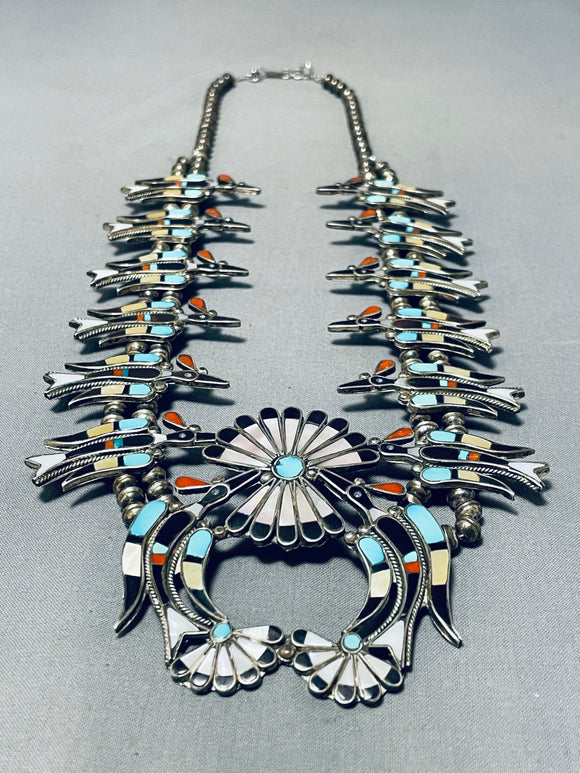 Important Vintage Native American Zuni Turquoise Inlay Sterling Silver Squash Blossom Necklace-Nativo Arts