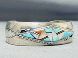 Extremely Intricate Vintage Native American Navajo Turquoise Inlay Sterling Silver Bracelet-Nativo Arts