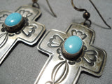 Native American Exceptional Vintage Sleeping Beauty Turquoise Sterling Silver Cross Earrings-Nativo Arts
