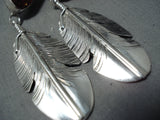 Rare Detailed Intricate Native American Navajo Feather Sterling Silver Amber Earrings-Nativo Arts
