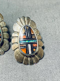 Elevated Inlay Vintage Native American Zuni Opal Sterling Silver Earrings-Nativo Arts