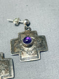 Expressive Vintage Native American Navajo Amethyst Sterling Silver Cross Earrings-Nativo Arts
