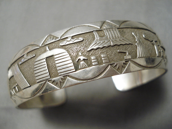 Wonderful Detailed Vintage Native American Navajo Hogan Sterling Silver Bracelet-Nativo Arts
