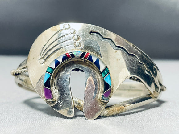 Intricate Brownbear Vintage Native American Navajo Turquoise Inlay Sterling Silver Bracelet-Nativo Arts
