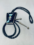 Signed Vintage Native American Navajo Midnight Kachina Turquoise Sterling Silver Bolo Tie-Nativo Arts