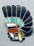 Opulent Detail Vintage Native American Zuni Chief Turquoise Sterling Silver Ring Old-Nativo Arts