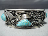 Extreme Detail! Vintage Native American Navajo Pilot Mountain Turquoise Sterling Silver Bracelet-Nativo Arts