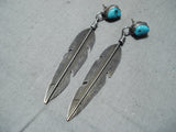 Custom Vintage Native American Navajo Sleeping Beauty Turquoise Sterling Silver Feather Earrings-Nativo Arts