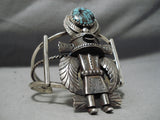 Statement Vintage Native American Navajo Huge Kachina Turquoise Sterling Silver Bracelet Old-Nativo Arts