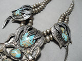 One Of The Finest Vintage Native American Navajo Turquoise Sterling Silver Leaf Necklace Old-Nativo Arts