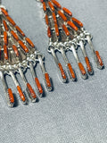 Exquisite Native American Zuni Coral Needlepoint Sterling Silver Earrings-Nativo Arts