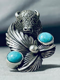 Exceptional San Felipe Blue Gem Turquoise Sterling Silver Buffalo Ring-Nativo Arts
