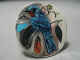 Native American Important Harlan Coonsis Bluejay Turquoise Coral Sterling Silver Ring-Nativo Arts