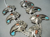 Authentc Native American Navajo Bear Turquoise Coral Sterling Silver Necklace-Nativo Arts