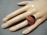 Marvelous Native American Navajo Coral Jet Turquoise Sterling Silver Ladybug Ring-Nativo Arts
