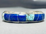 Hypnotic Native American Navajo Signed Inlay Spiderweb Turquoise Lapis Sterling Silver Bracelet-Nativo Arts
