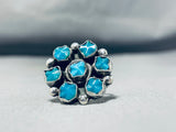 Brilliant Vintage Native American Navajo Carved Turquoise Sterling Silver Flower Ring-Nativo Arts