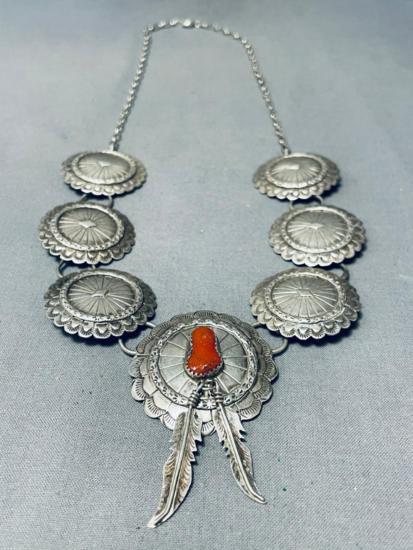 Authentic Begaye Vintage Native American Navajo Coral Concho Sterling Silver Necklace-Nativo Arts