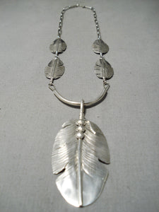 Intricate!! Native American Navajo Hand Carved Sterling Silver Feather Necklace-Nativo Arts